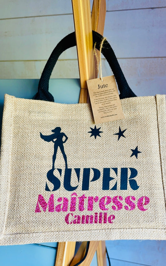 Sac cabas jute - super marraine - La boutique d'ellie sac personnalisé